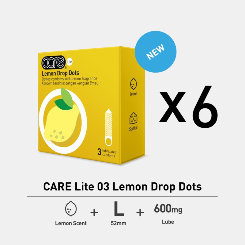 CARE Lite 03 Lemon Drop Dots Condoms, lemon scent, dotted texture, 600mg lubricant, natural latex condom