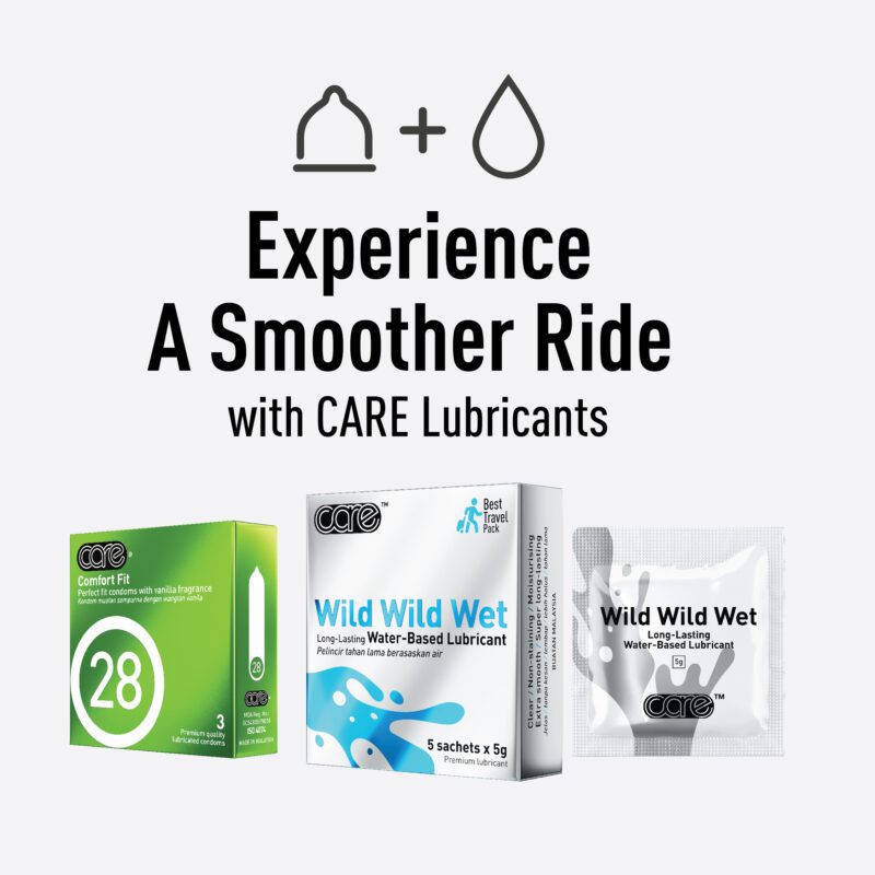 Experience a Smoother Ride with CARE Lubricants – Featuring CARE 28 Comfort Fit Condoms and Wild Wild Wet Water-Based Lubricant, a long-lasting, non-sticky lubricant designed for enhanced comfort and pleasure. Perfect for travel with convenient sachet packs.