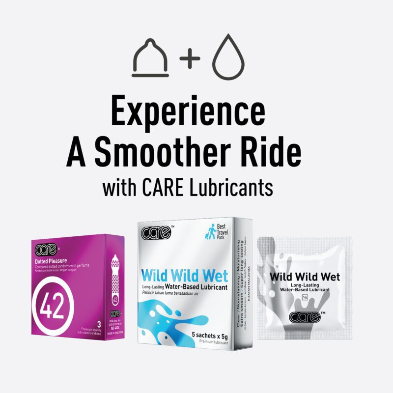 CARE Wild Wild Wet Water-Based Lubricant – Featuring a long-lasting, non-sticky lubricant designed for ultimate comfort. Pair with CARE 42 Dotted Pleasure, dotted condoms for enhanced pleasure. Perfect for travel with easy-to-use sachets.