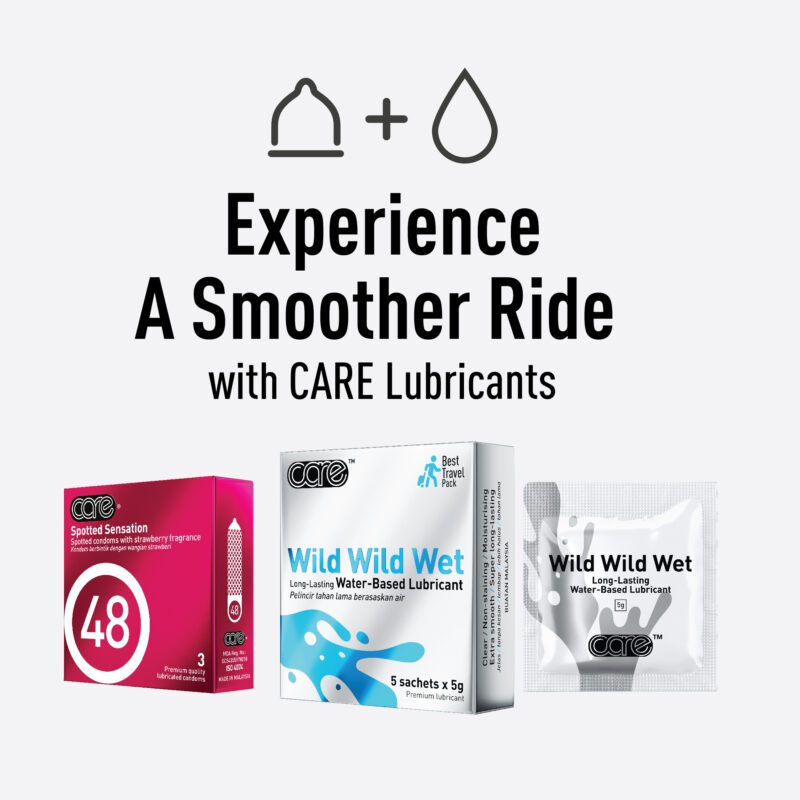 CARE Wild Wild Wet Water-Based Lubricant and CARE 48 Spotted Sensation Condoms – Featuring a premium, long-lasting, non-sticky lubricant paired with strawberry-scented, dotted condoms designed to enhance pleasure and comfort. Ideal for a smooth and satisfying experience.