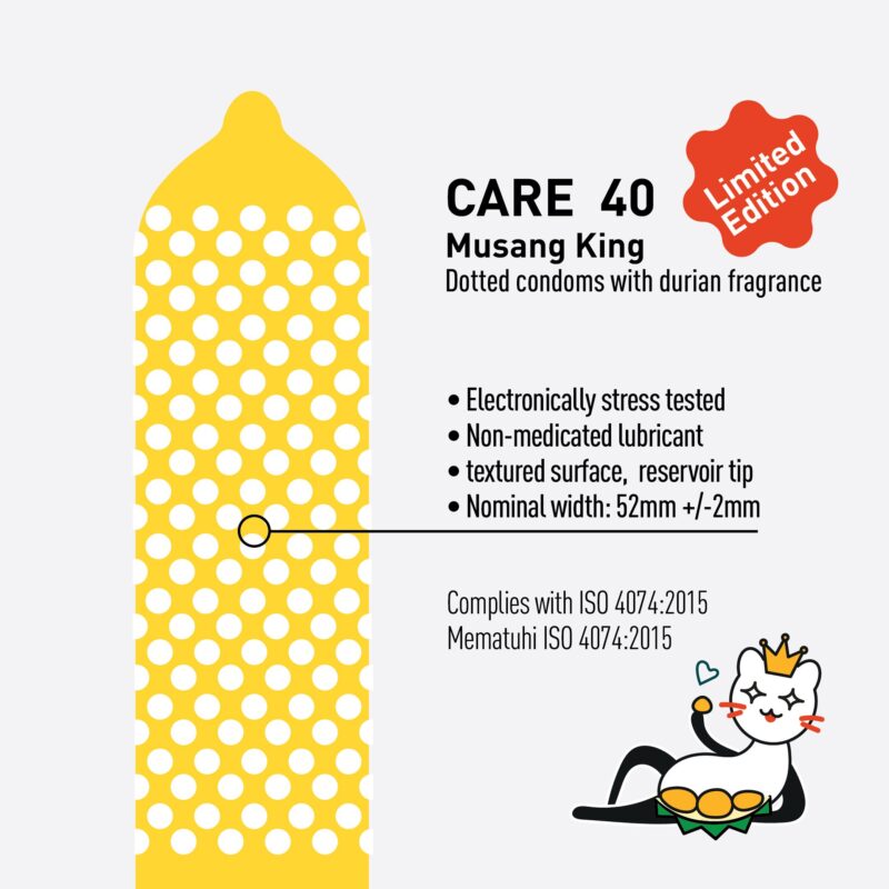 CARE 40 Musang King Condom – Limited edition dotted condoms with durian fragrance, featuring a textured surface, non-medicated lubricant, reservoir tip, and 52mm width. Complies with ISO 4074:2015 standards for quality and safety.