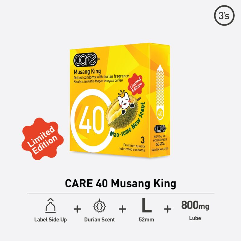 CARE 40 Musang King Limited Edition Condoms: Box of 3 premium quality, dotted condoms, lubricated with a unique durian fragrance, labeled with 'Mao-some New Scent'. Features include a 52mm size, 800mg lubrication, and a distinct durian scent. Made in Malaysia.