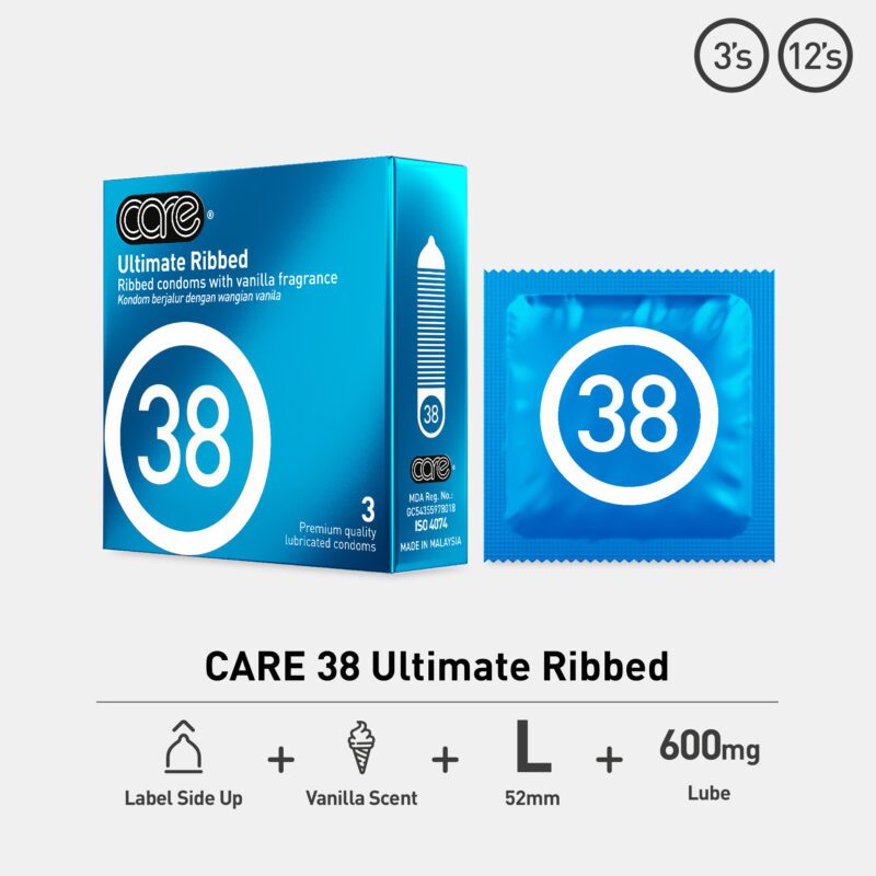 CARE 38 Ultimate Ribbed Condoms – Premium quality lubricated condoms with a 52mm size, ribbed texture, and 600mg lubrication. Infused with a pleasant vanilla fragrance, designed to enhance sensation and provide a unique, pleasurable experience. 3pcs per pack