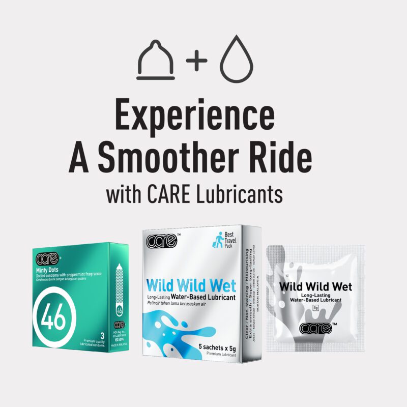 An advertisement promoting CARE condoms and lubricants with the tagline 'Experience A Smoother Ride with CARE Lubricants.' The image features the CARE 46 Minty Dots dotted condoms with peppermint fragrance and the Wild Wild Wet water-based lubricant, available in a travel-friendly pack containing 5 sachets of 5g each. The design includes simple icons of a condom and a water droplet, emphasizing comfort and smoothness.