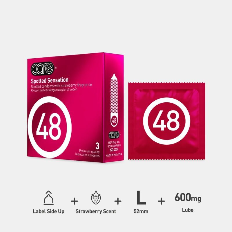 CARE 48 Spotted Sensation Condoms – Premium quality lubricated condoms with a 52mm size, dotted texture, and 600mg lubrication. Infused with a strawberry fragrance for enhanced pleasure and a unique sensory experience.