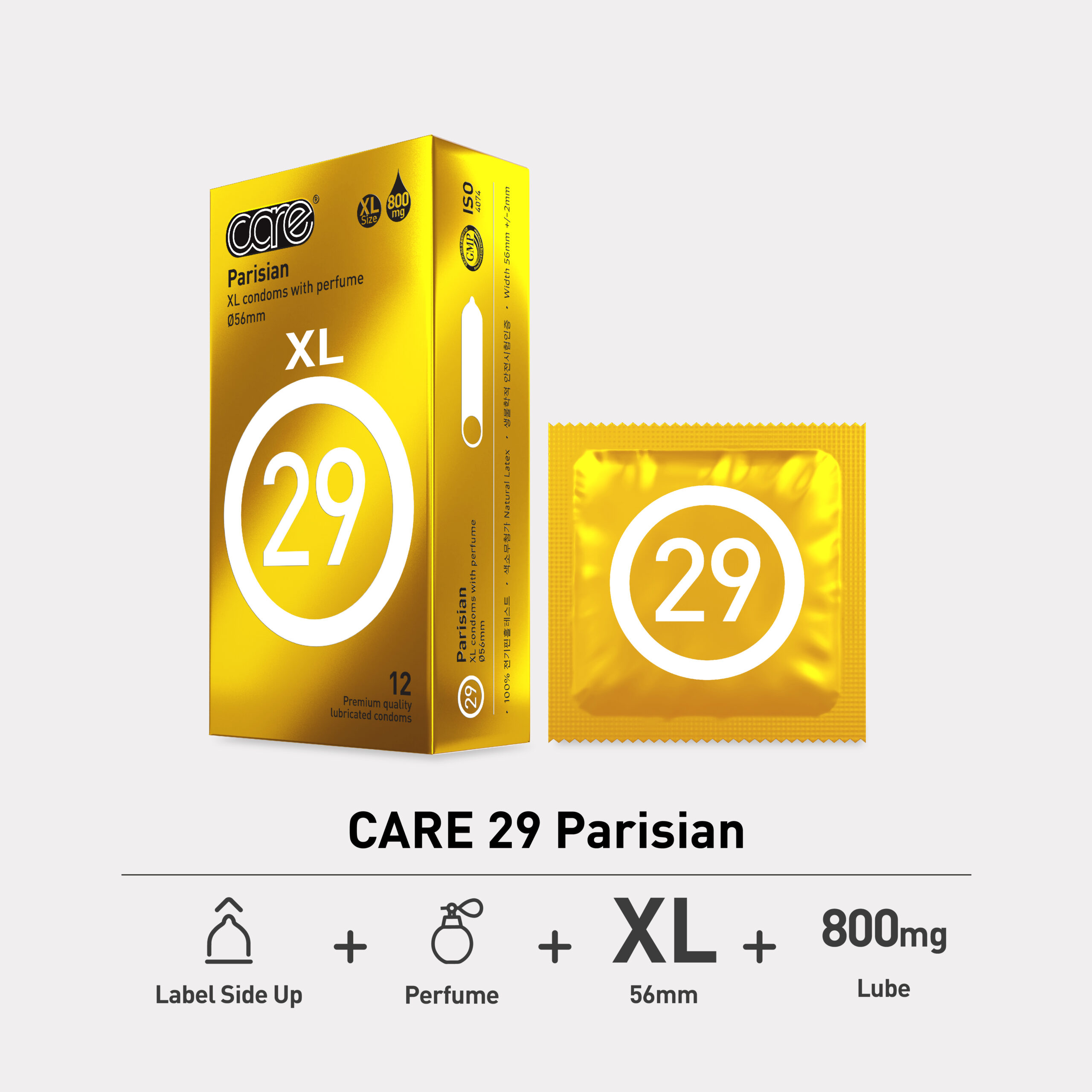 CARE 29 Parisian XL Condoms – Pack of 12 pcs extra-large lubricated condoms with perfume scent, 56mm size, extra large, and 800mg of lubrication. Premium quality condoms designed for comfort and enhanced sensation.