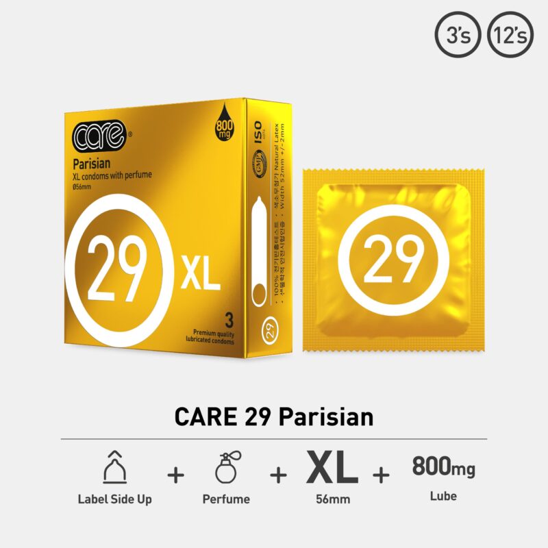 CARE 29 Parisian XL Condoms – Premium quality lubricated condoms with a perfume scent, 56mm size, extra large, and 800mg lubrication. Pack of 3, labeled '29 XL' for an extra-large fit and enhanced comfort.