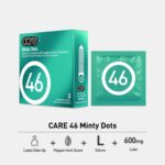 CARE 46 Minty Dots condoms packaging. Features peppermint fragrance, stimulating dots, 52mm size, and 600mg lubricant. Made in Malaysia.