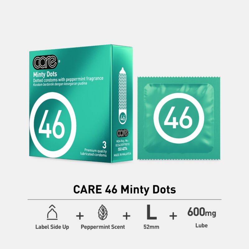 CARE 46 Minty Dots condoms packaging. Features peppermint fragrance, stimulating dots, 52mm size, and 600mg lubricant. Made in Malaysia.