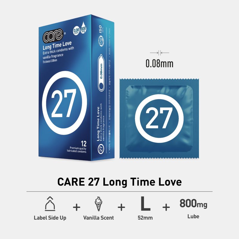 CARE 27 Long Time Love Condom – Extra thick (0.08mm) vanilla-scented condom with 800mg of premium lubrication, 52mm width. Packaging and individual condom wrapper shown. Designed for prolonged pleasure and comfort.